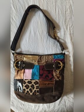 Coach Patchwork Leather Shoulder Bag Leopard Animal Multicolor Crossbody